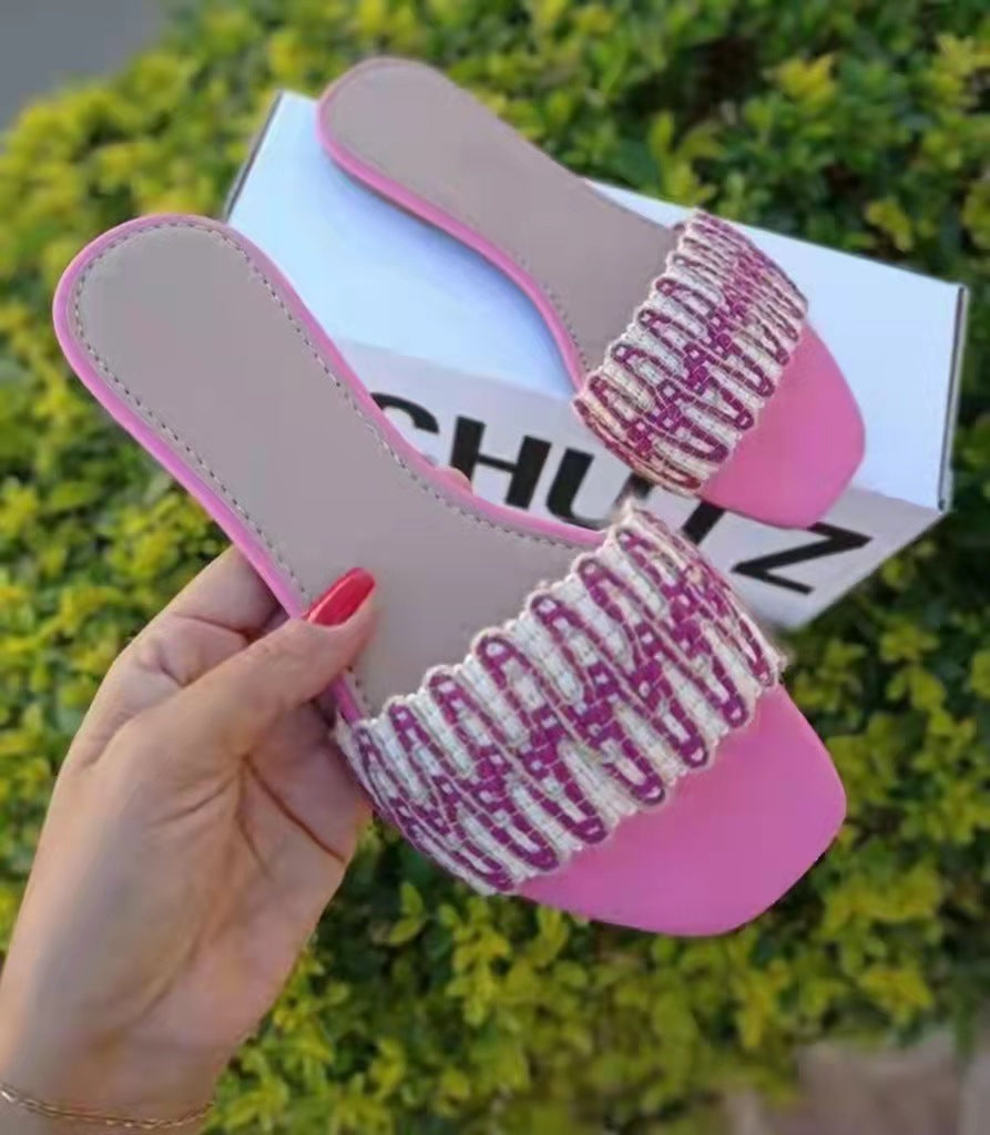 [W-Zapato] 22 Sandalias Y Pantuflas Cómodas Para Mujer A La Moda Con Tejido De Lino Y Algodón De Una Sola Palabra De Verano