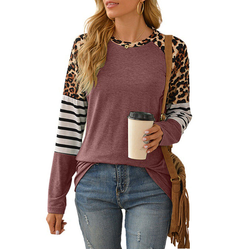 Camiseta Casual Ajustada De Manga Larga Con Cuello Redondo Y Costuras En Color Contrastante Mujer