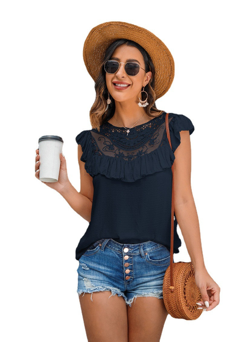 [W-Ropa] Nuevo Top De Camisa De Gasa Con Chaleco De Costura De Encaje Con Cuello Redondo Y Volantes