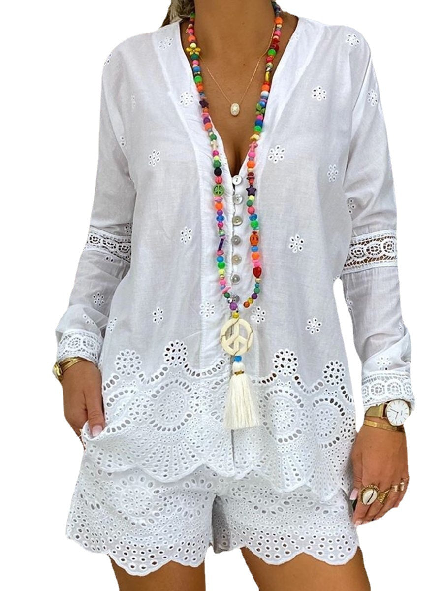 [W-Ropa] 2022 Nuevo Color Sólido Con Cuello En V Ligero Cocido Blanco Estampado Jersey De Manga Larga Traje Para Mujer