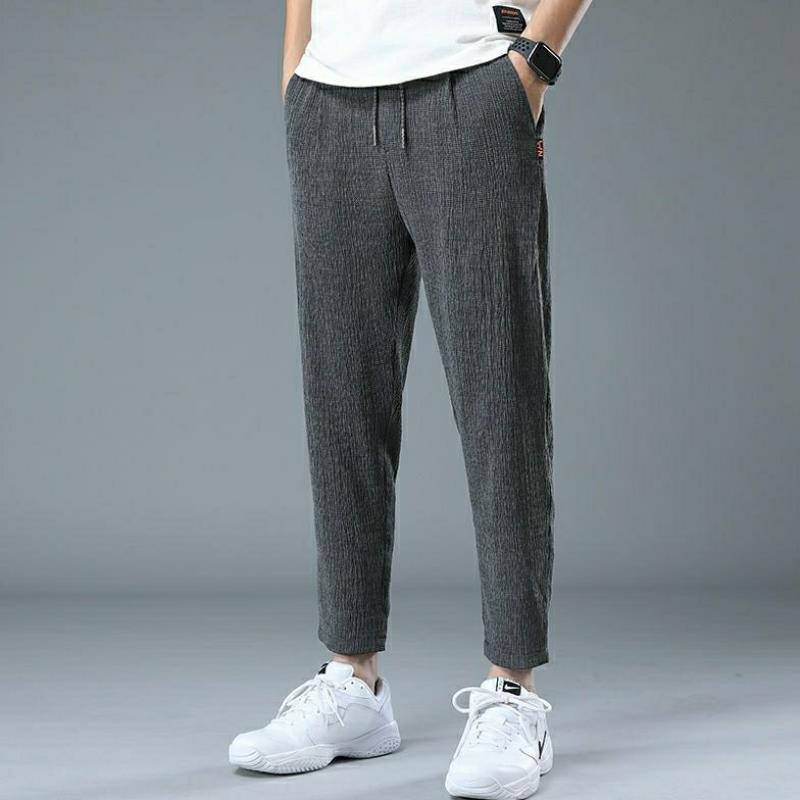 Pantalones De Lino De Algodón Ultrafinos Para Hombre Pantalones Casuales De Seda De Hielo De Ajuste Holgado Rectos