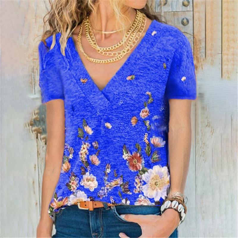 Camiseta de manga corta con cuello en V y estampado de jersey