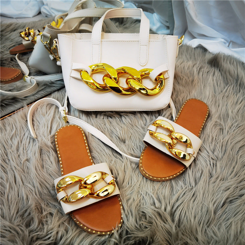 Zapatillas De Mujer, Sandalias Y Bolsos Con Cadena De Hebilla Grande