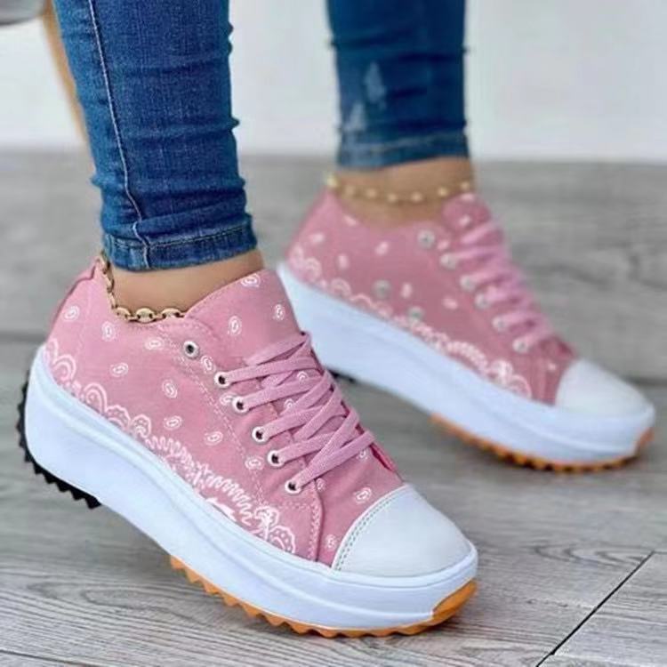 [W-Zapato] 2022 Primavera Nuevos Zapatos De Mujer Casuales De Plataforma De Lona Estampada De Suela Gruesa De Caña Baja