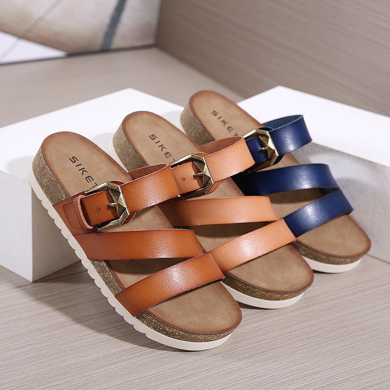 Sandalias Cómodas Antideslizantes Con Hebilla Metálica Y Suela De Madera