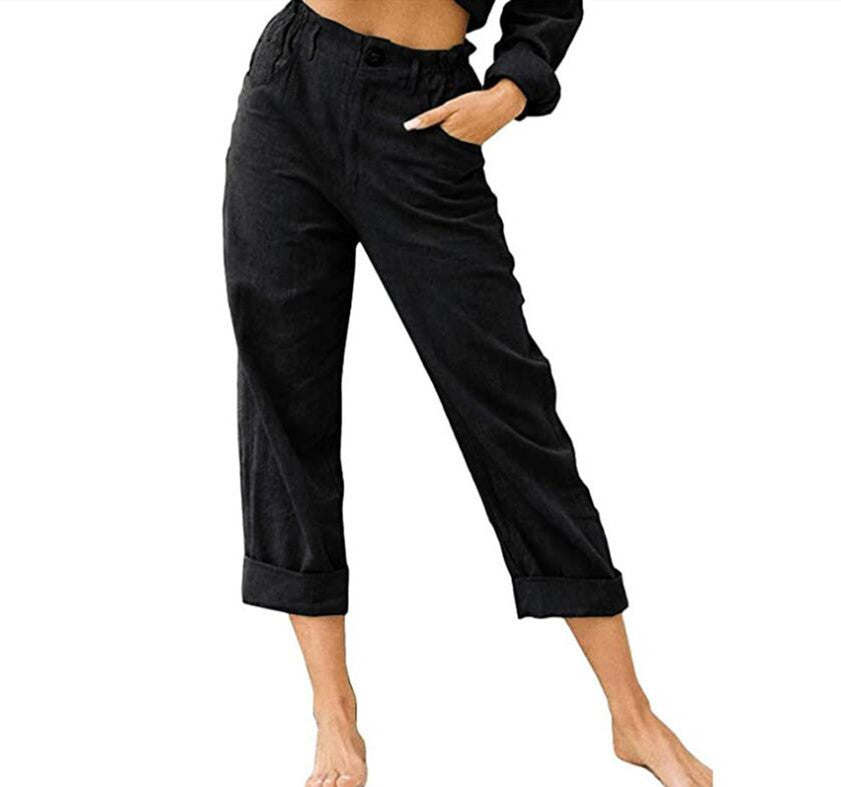 [W-Ropa] Nuevos Pantalones Casuales De Cintura Alta Sueltos De Moda De Lino Y Algodón De Color Sólido Para Mujer