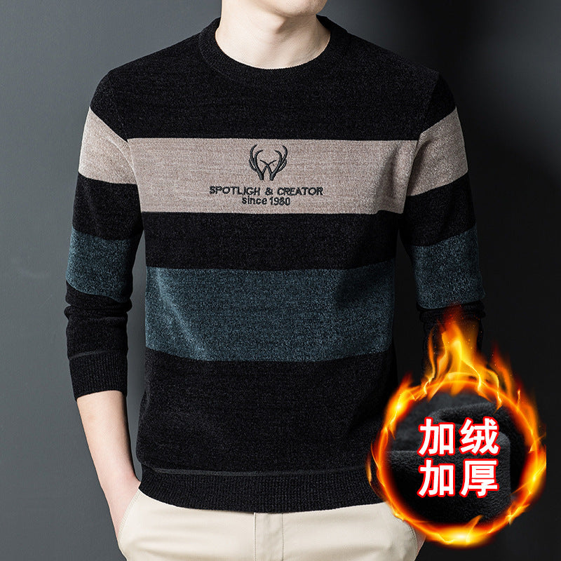 Chenilla Más Suéter De Terciopelo Suéter De Base A Juego De Color A Rayas Cálidas Para Hombres Invierno Más Engrosamiento De Terciopelo