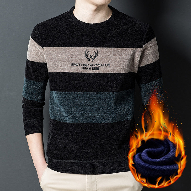 Chenilla Más Suéter De Terciopelo Suéter De Base A Juego De Color A Rayas Cálidas Para Hombres Invierno Más Engrosamiento De Terciopelo