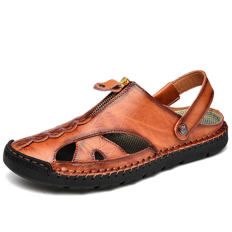 Sandalias Antideslizantes De Velcro Flexible De Cuero Genuino Para Hombre