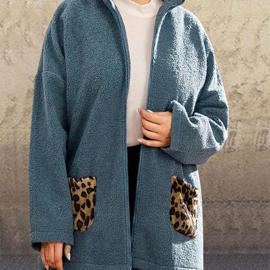 Chaqueta De Forro Polar Con Cremallera De Cuello Alto, Costura Con Estampado De Leopardo, Chaqueta Suelta De Manga Larga Para Mujer De Talla Grande