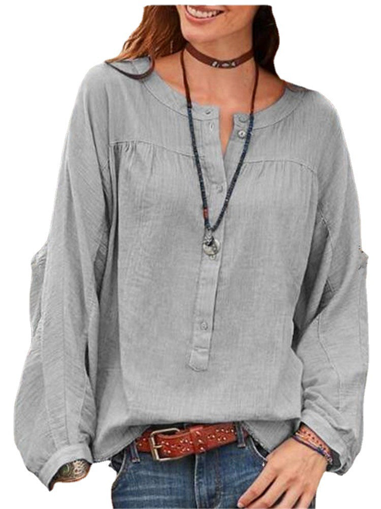 Blusa De Mujer Europea Y Americana, Color Sólido, Manga Larga, Tubo Abierto, Cuello Redondo, Camisa