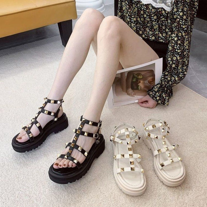 [W-Zapato] Sandalias De Plataforma De Cuero Con Tachuelas Romanas