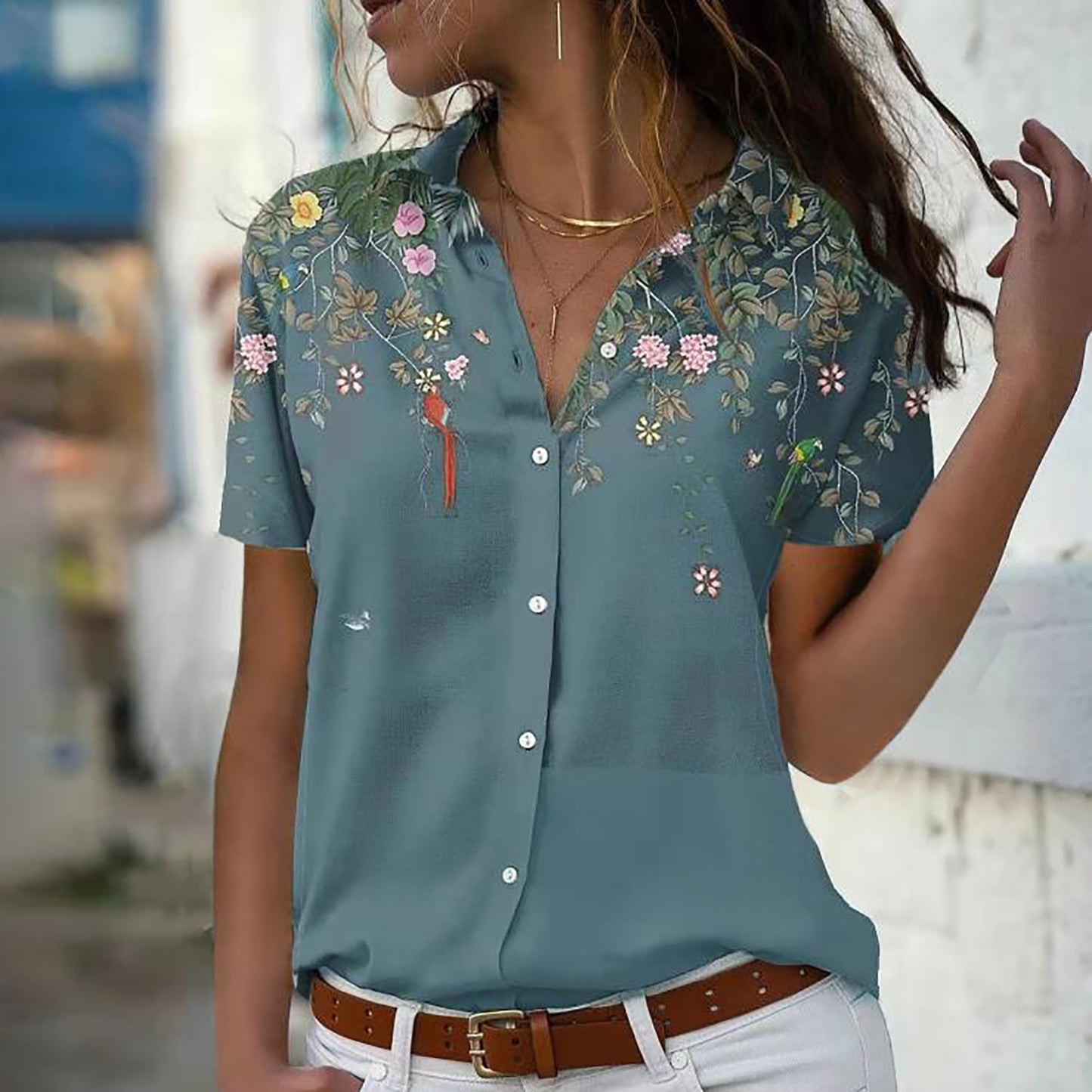 [W-Ropa] Camisa Con Botones Sueltos De Manga Corta Informal Con Parte Superior Estampada