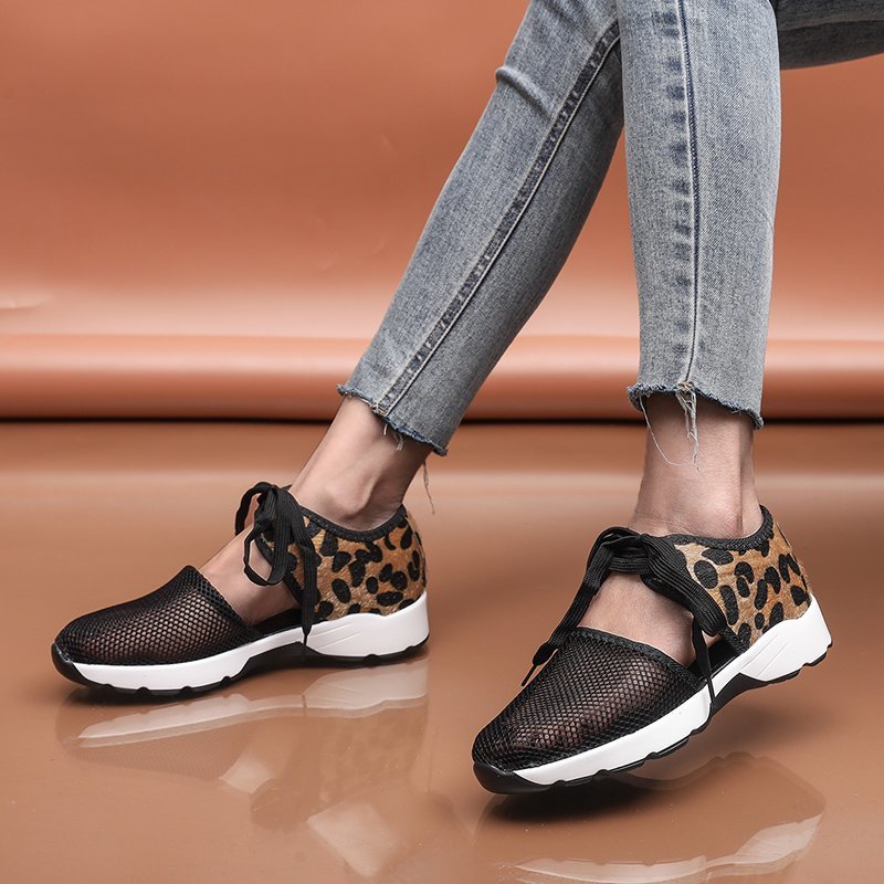 [W-Zapato] Zapatos Deportivos Informales Con Cordones Y Estampado De Leopardo