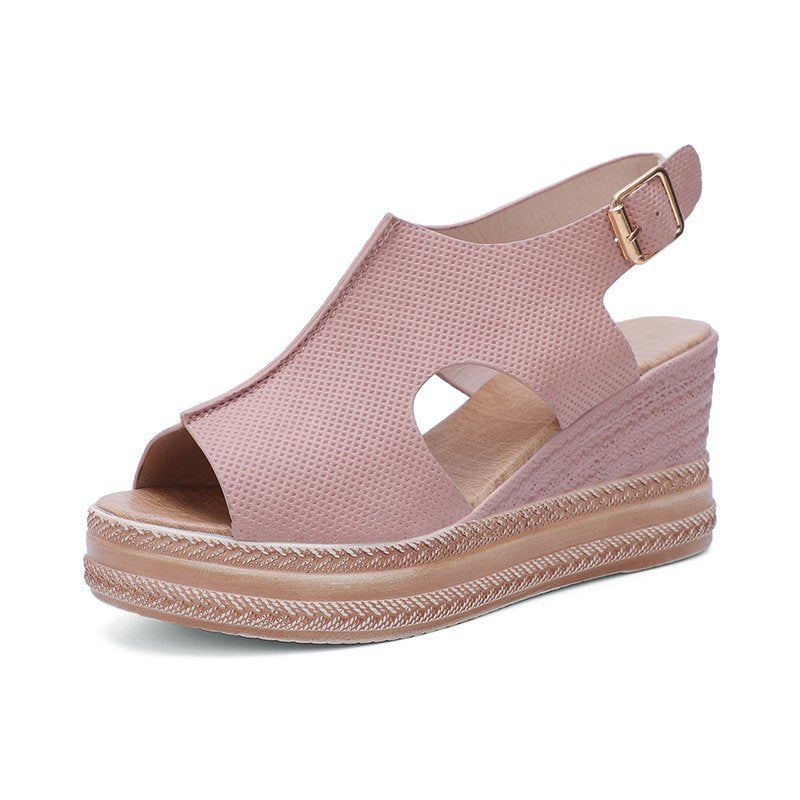 [W-Zapato] Sandalias De Color Sólido Con Forma De Cuña Abierta