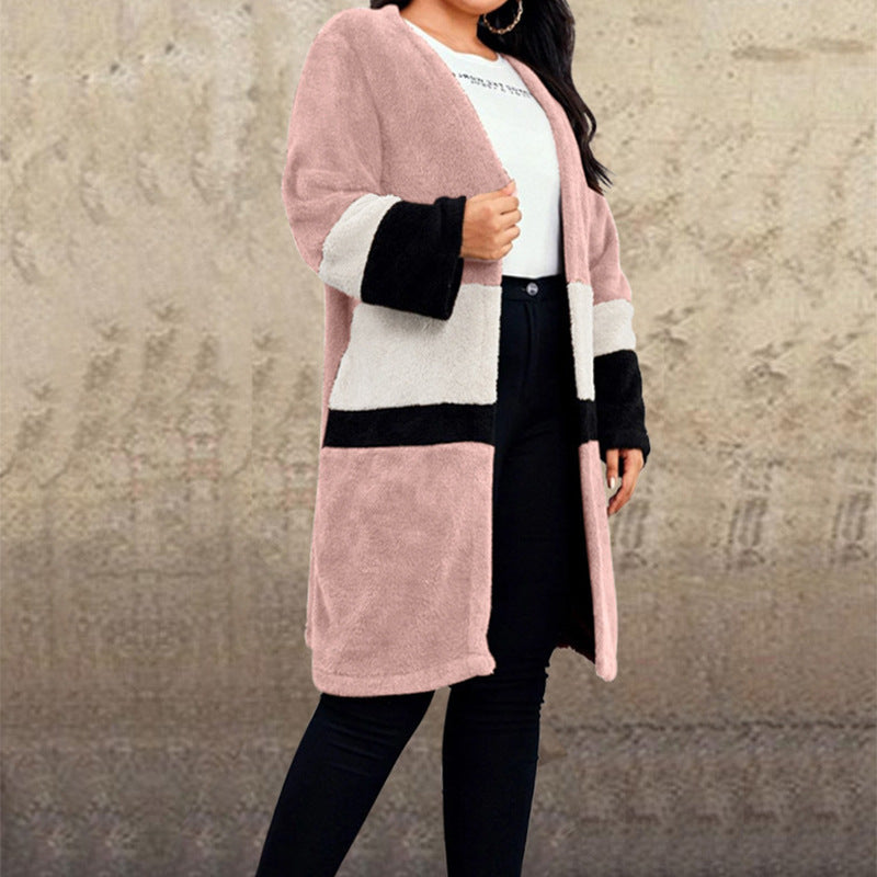 Cárdigan De Felpa Linda Chaqueta De Lana De Doble Cara Con Costuras En Contraste