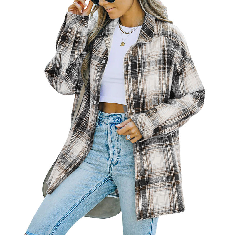 [W-Ropa] 2022 Top Suelto Casual Camisa De Manga Larga Abrigo A Cuadros Mujeres