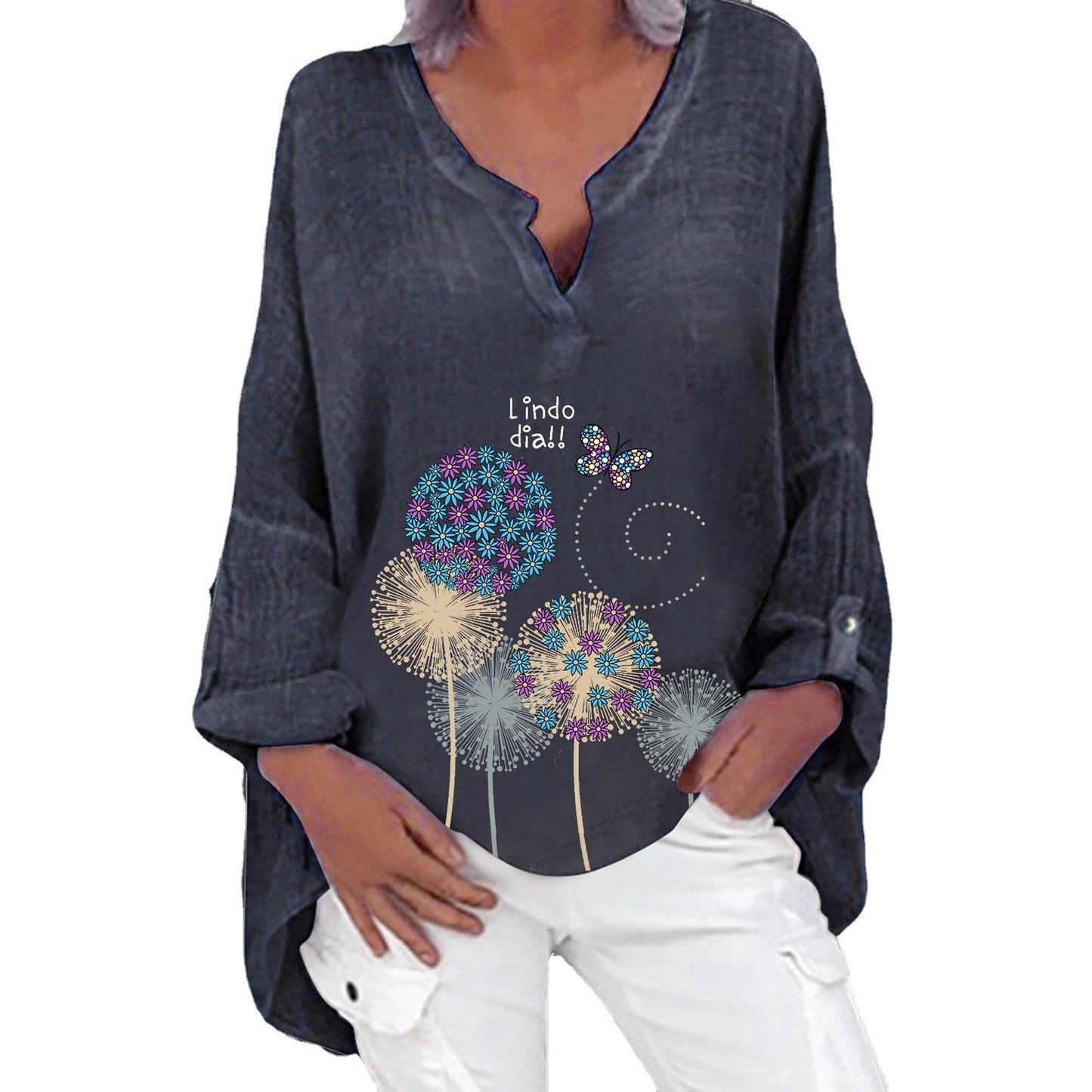 [W-Ropa] 2022 Primavera Casual Urban Casual Mujer Algodón Cuello En V Camisa De Talla Grande