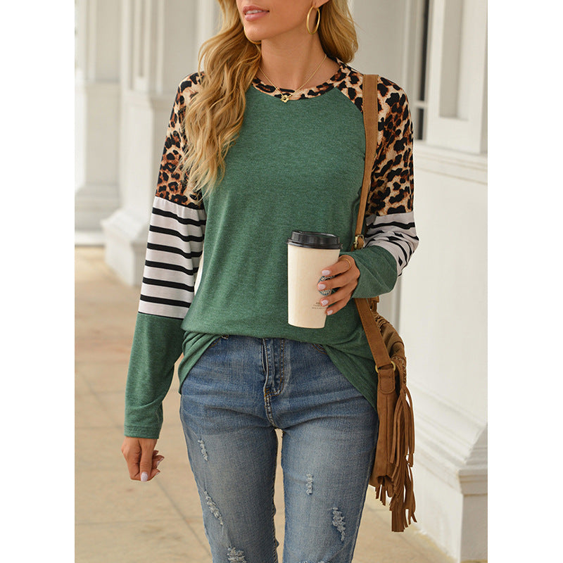 Camiseta Casual Ajustada De Manga Larga Con Cuello Redondo Y Costuras En Color Contrastante Mujer