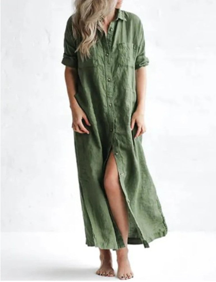 [W-Ropa] Vestido Camisero De Cintura Alta De Lino Hotouch