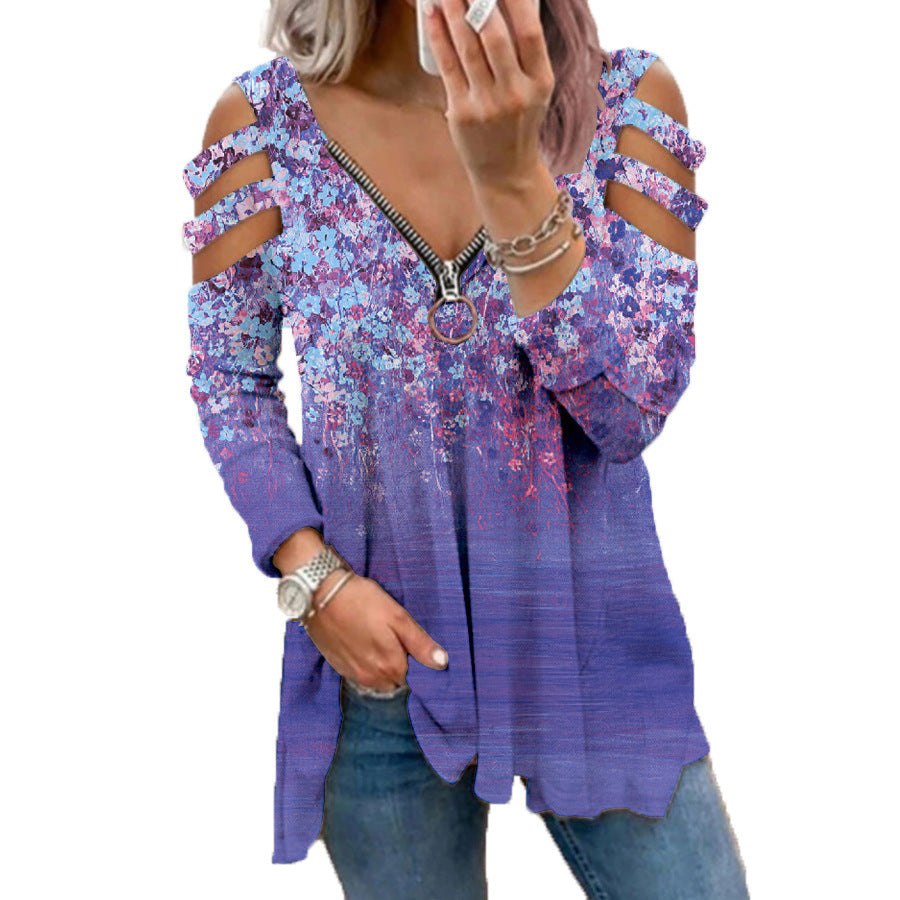 Camiseta De Manga Larga Con Cremallera Y Cuello En V Floral Pequeña Fuera Del Hombro