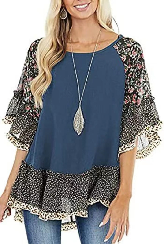 [W-Ropa] Mangas Medias Con Estampado Floral De Leopardo Colorblock