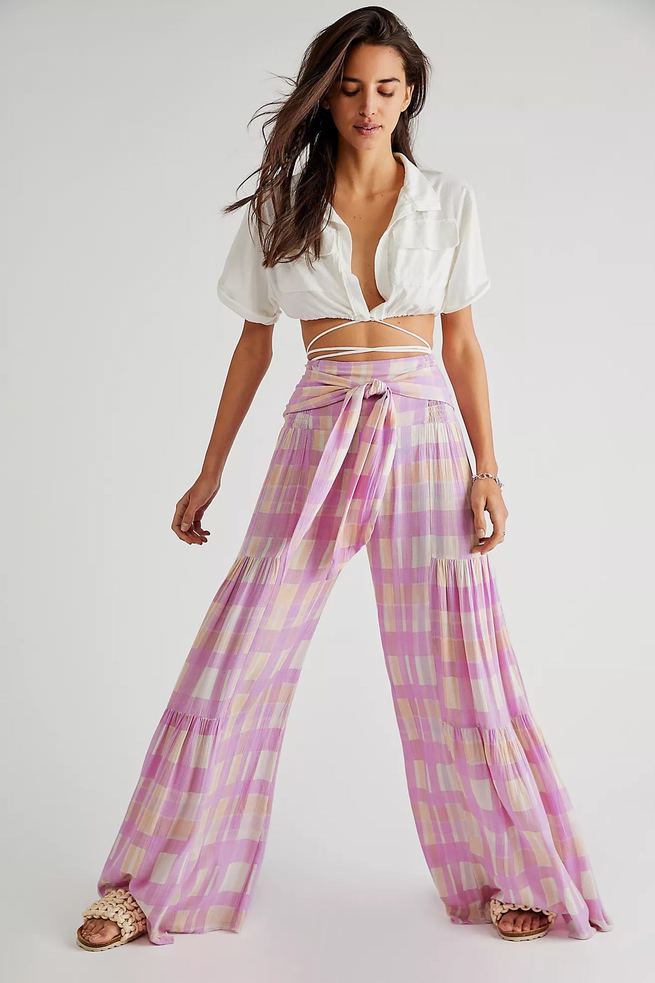 [W-Ropa] Pantalones Casuales Sueltos Pantalones De Pierna Ancha De Playa Pantalones Con Correa