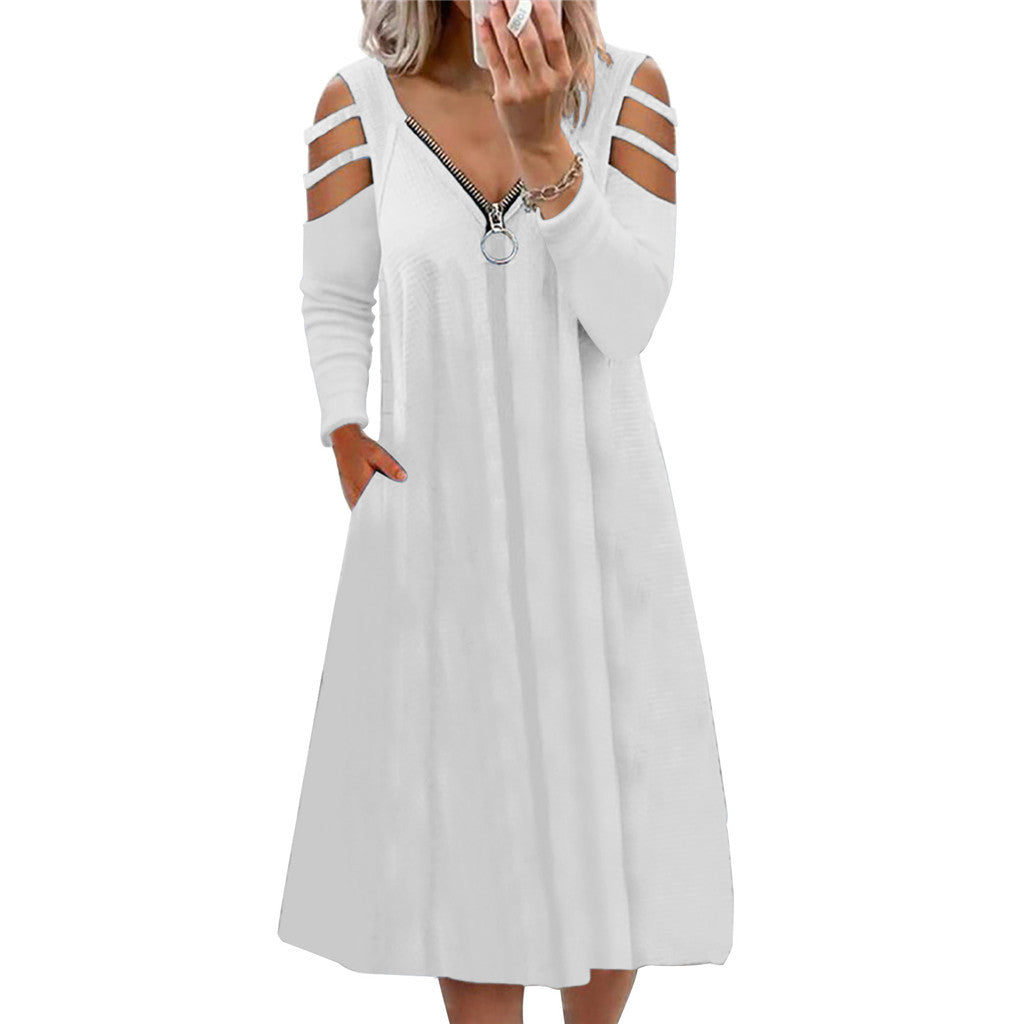 Vestido De Manga Larga De Color Sólido Con Cuello En V Y Cremallera