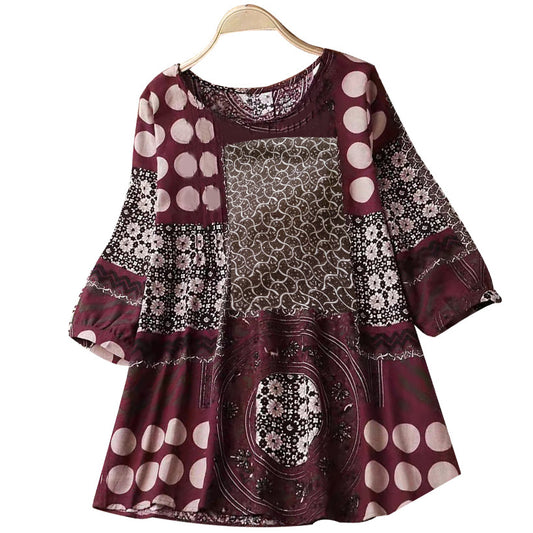 [W-Ropa] Temperament Commuter Mujer Verano Rojo Estampado Jersey Cuello Redondo Manga Tres Cuartos Camisa De Algodón