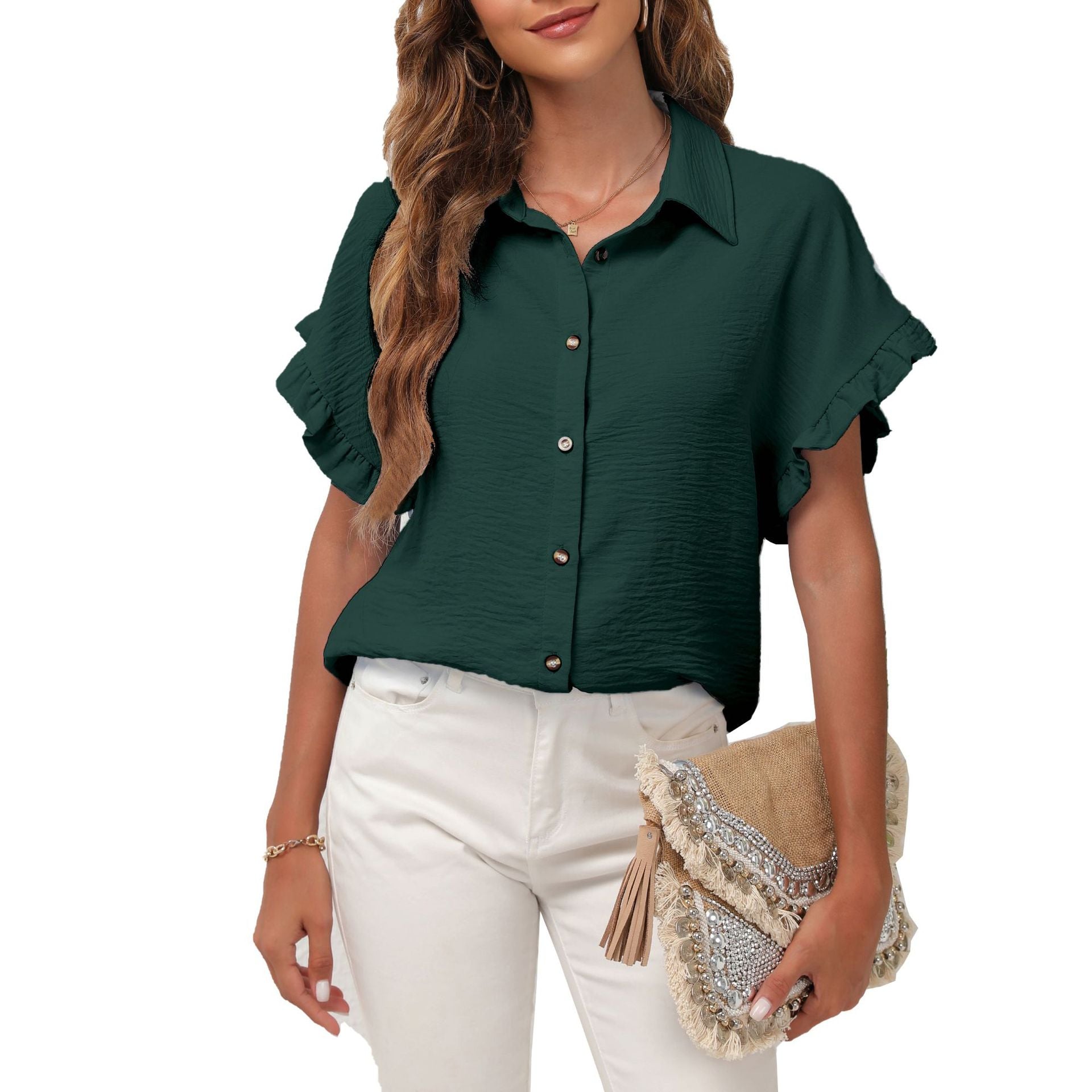 [W-Ropa] 2022 Verano Nueva Camisa Versátil De Solapa De Color Sólido