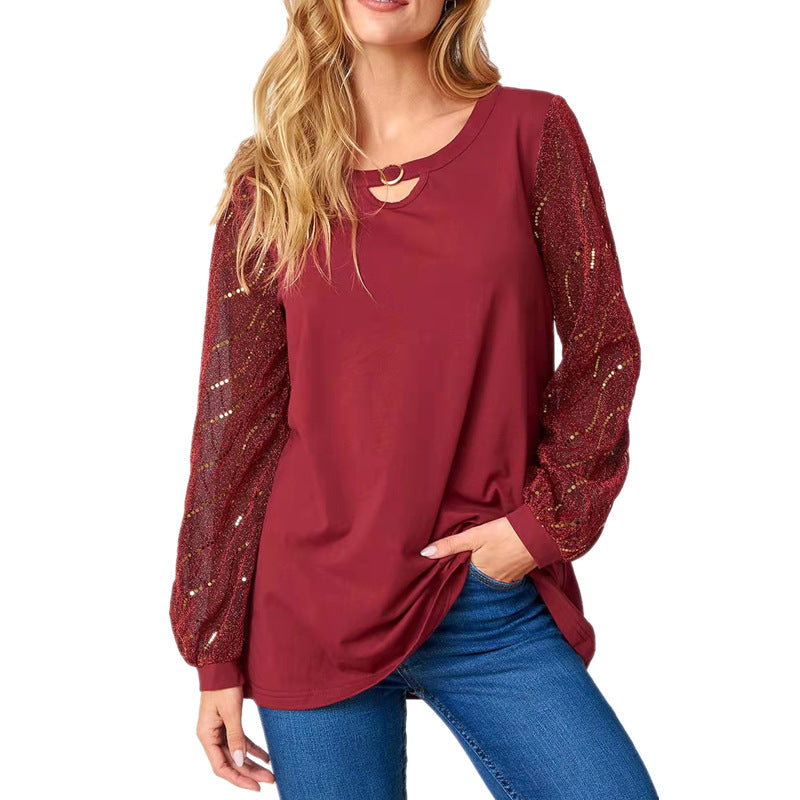 [W-Ropa] Camiseta De Manga Larga Para Mujeres Con Encaje Transpirable