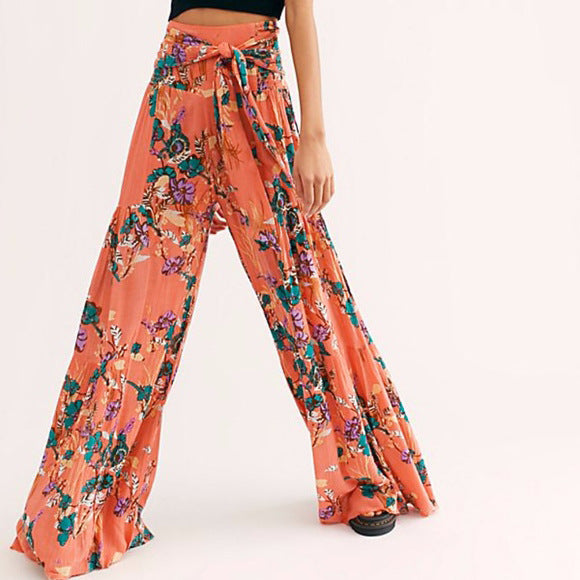 [W-Ropa] Pantalones Casuales Sueltos Pantalones De Pierna Ancha De Playa Pantalones Con Correa