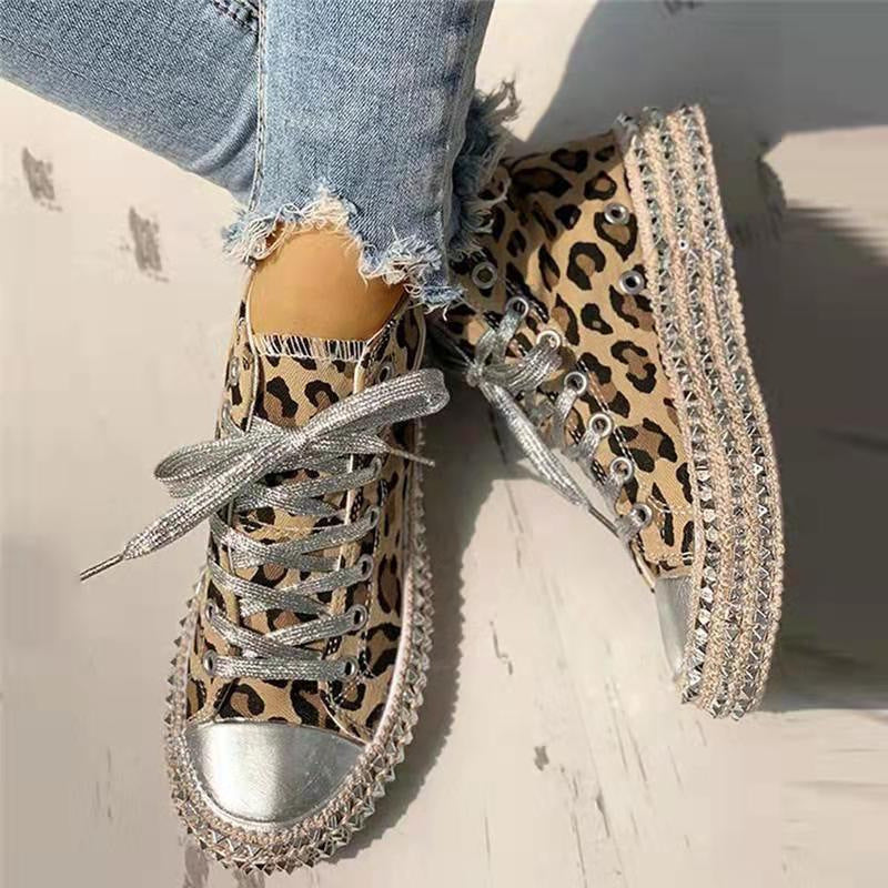 [W-Zapato] 2022 Zapatos Casuales Con Cordones De Remaches Zapatillas De Suela Gruesa Con Estampado De Leopardo