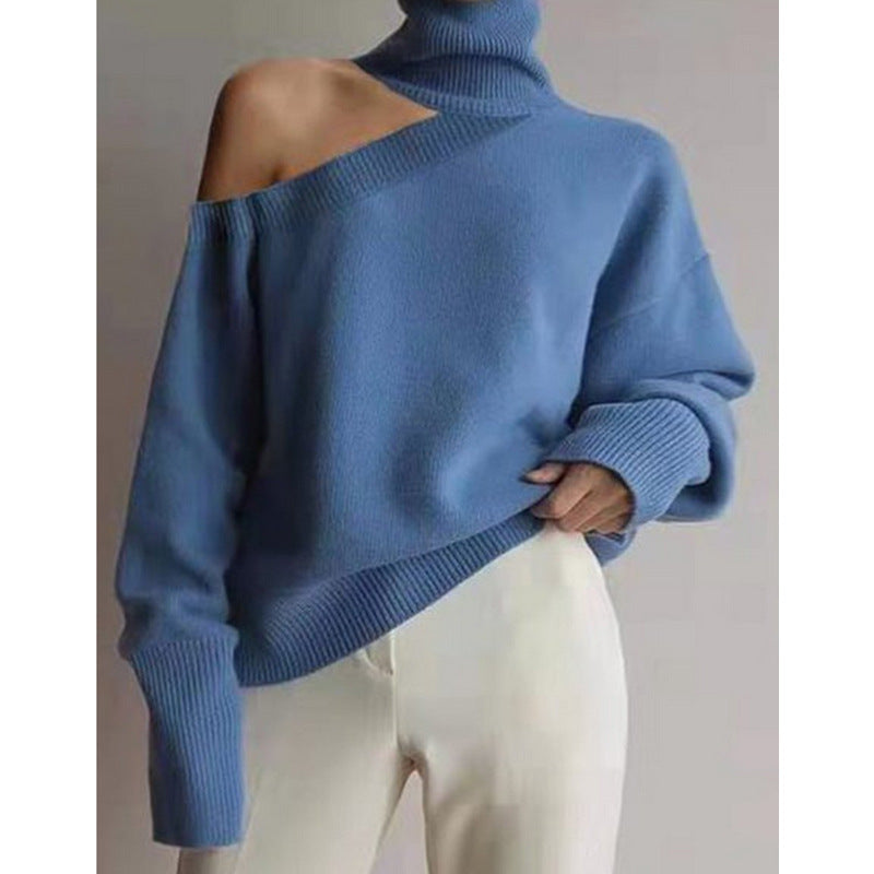 Otoño E Invierno, Cuello Alto, Cuello Alto, Hombro Oblicuo, Jersey Sin Tirantes, Suéter De Punto De Color Sólido Sexy Para Mujer