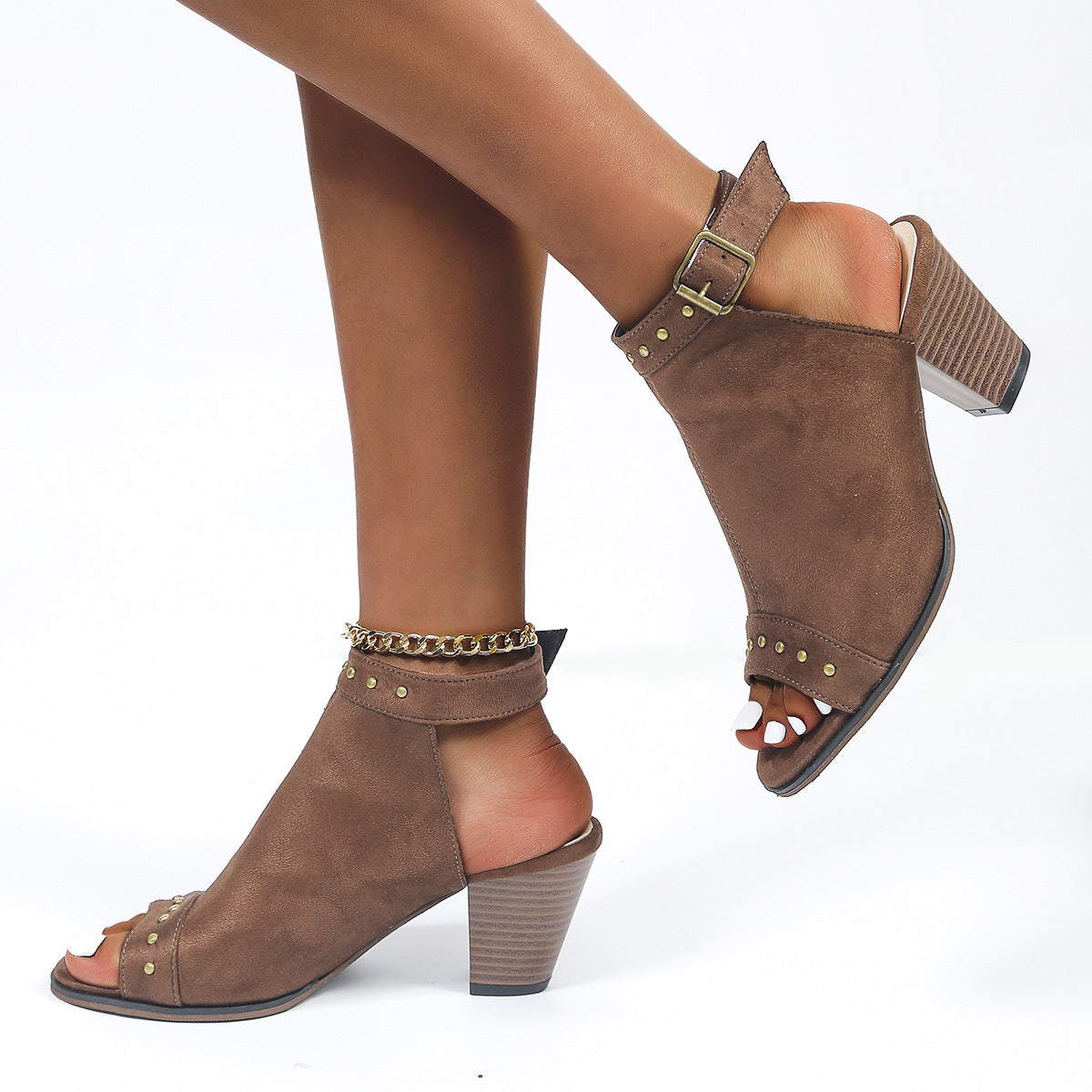 [W-Zapato] Sandalias De Boca De Pez De Goma Con Remache De Hebilla De Punta Redonda De Tacón Alto 2022