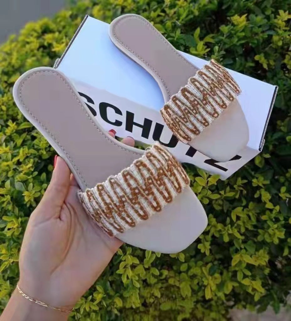 [W-Zapato] 22 Sandalias Y Pantuflas Cómodas Para Mujer A La Moda Con Tejido De Lino Y Algodón De Una Sola Palabra De Verano