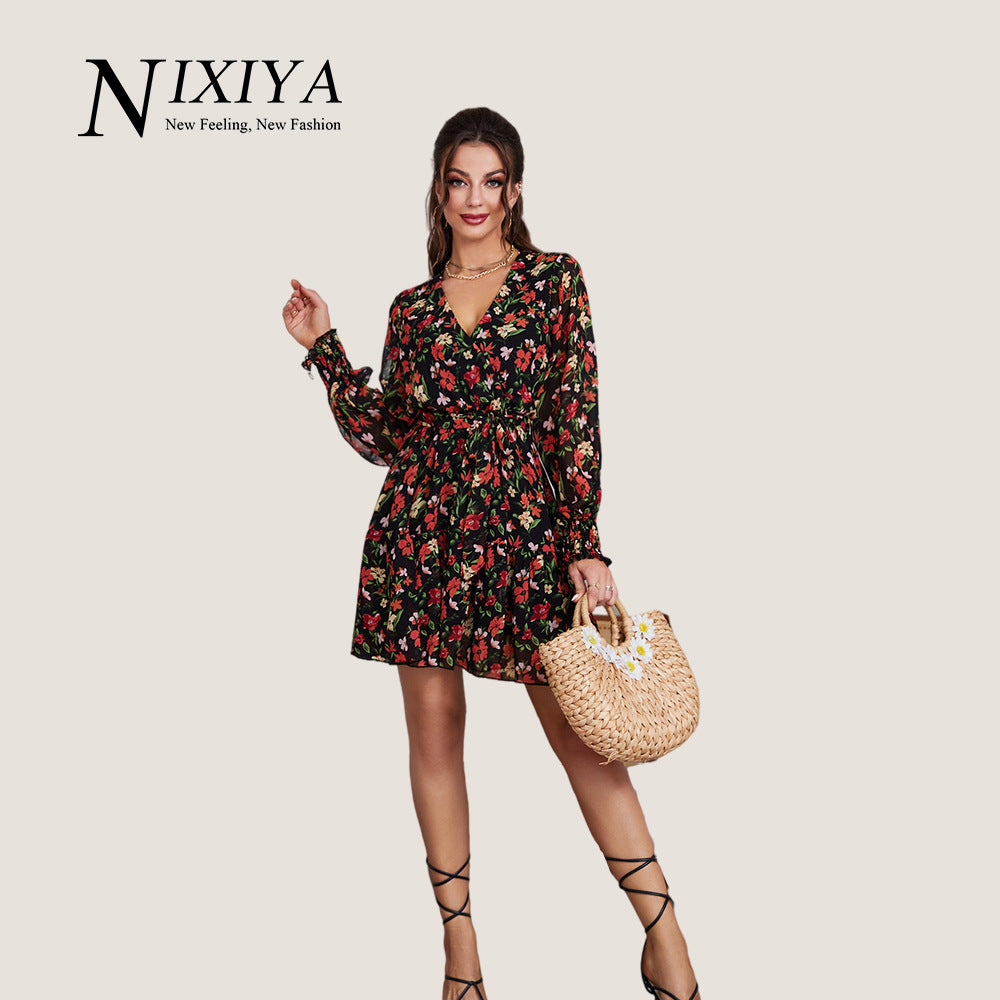 [W-Ropa] Falda Floral De Manga Larga Para Mujer Con Vestido Retro Francés 2022