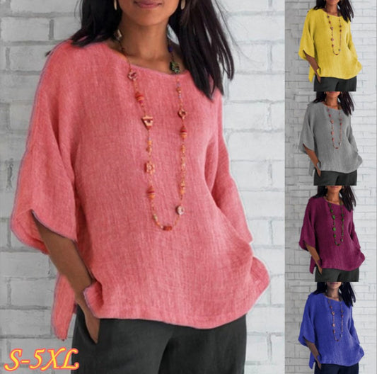 [W-Ropa] Top Camisero De Algodón Y Lino Con Cuello Redondo Y Manga Tres Cuartos 2022