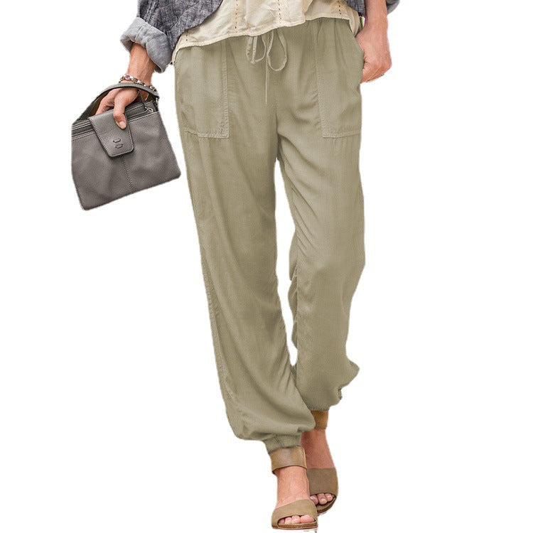 Pantalones De Bolsillo Elásticos Con Cordón De Color Liso
