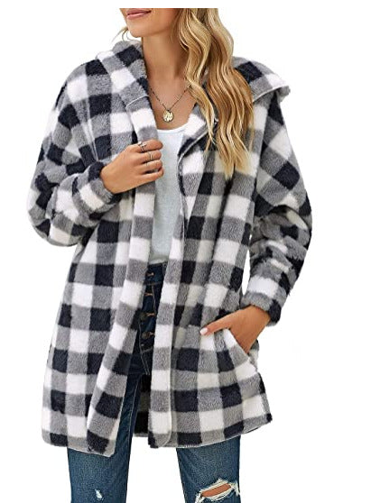 Chaqueta Holgada De Manga Larga Con Capucha A Cuadros En Blanco Y Negro