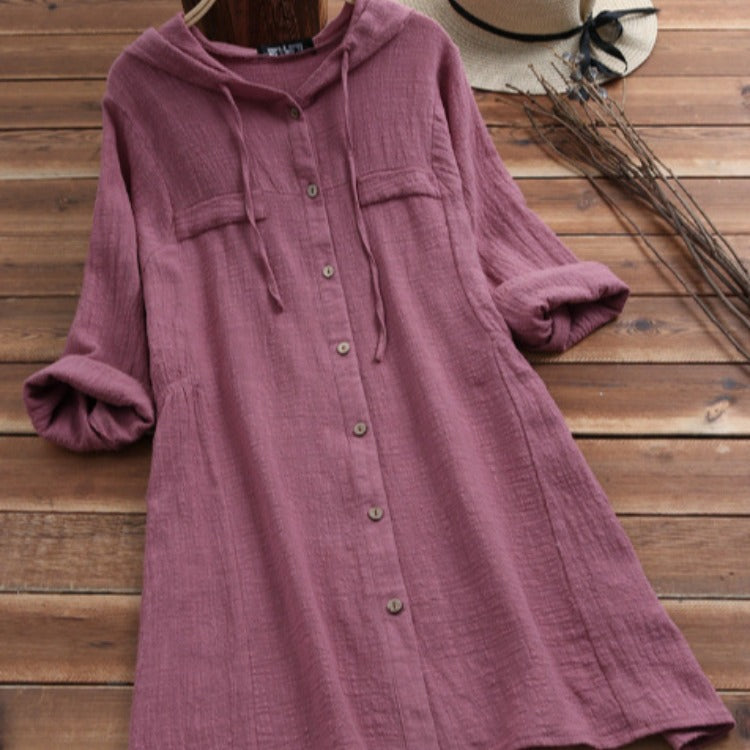 Abrigo Mediano De Algodón Y Lino Con Capucha, Manga Larga Y Talla Grande