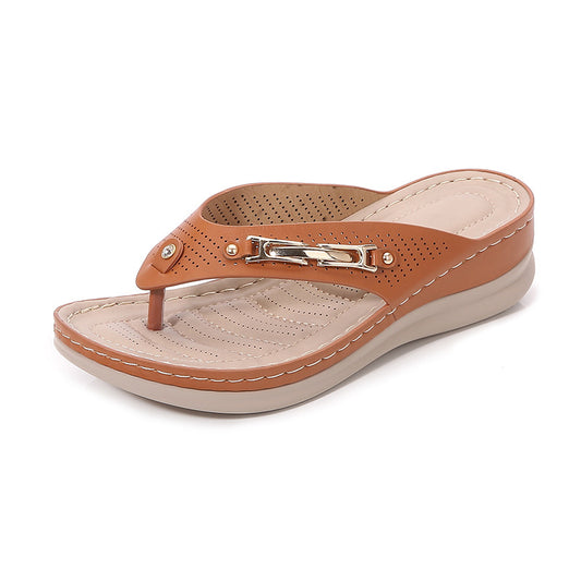 [W-Zapato]  Tacón De Cuña De Las Sandalias Del Tirón De La Personalidad De La Moda De La Cabeza Redonda