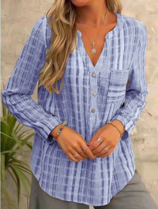 [W-Ropa] Jersey Con Bolsillo A Rayas, Camiseta Informal De Manga Larga Con Cuello En V A La Moda Para Mujer