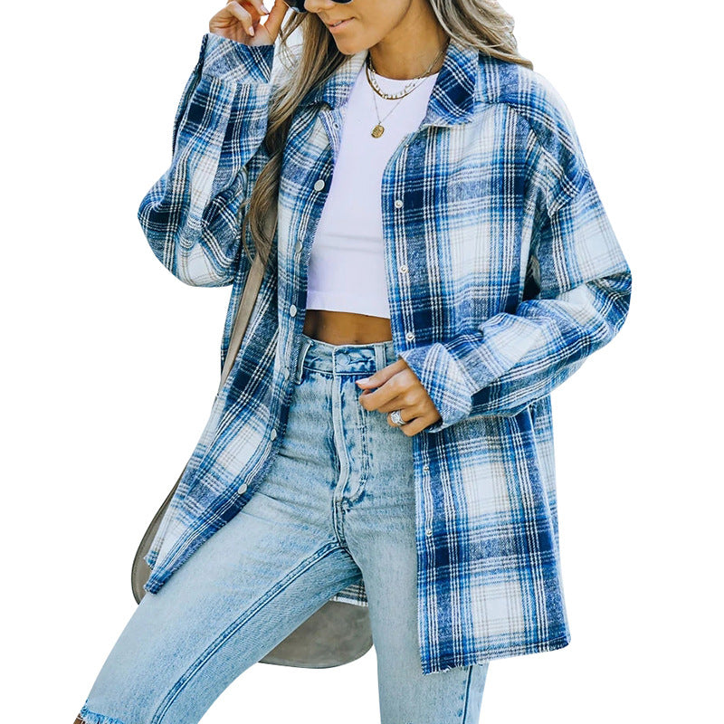 [W-Ropa] 2022 Top Suelto Casual Camisa De Manga Larga Abrigo A Cuadros Mujeres