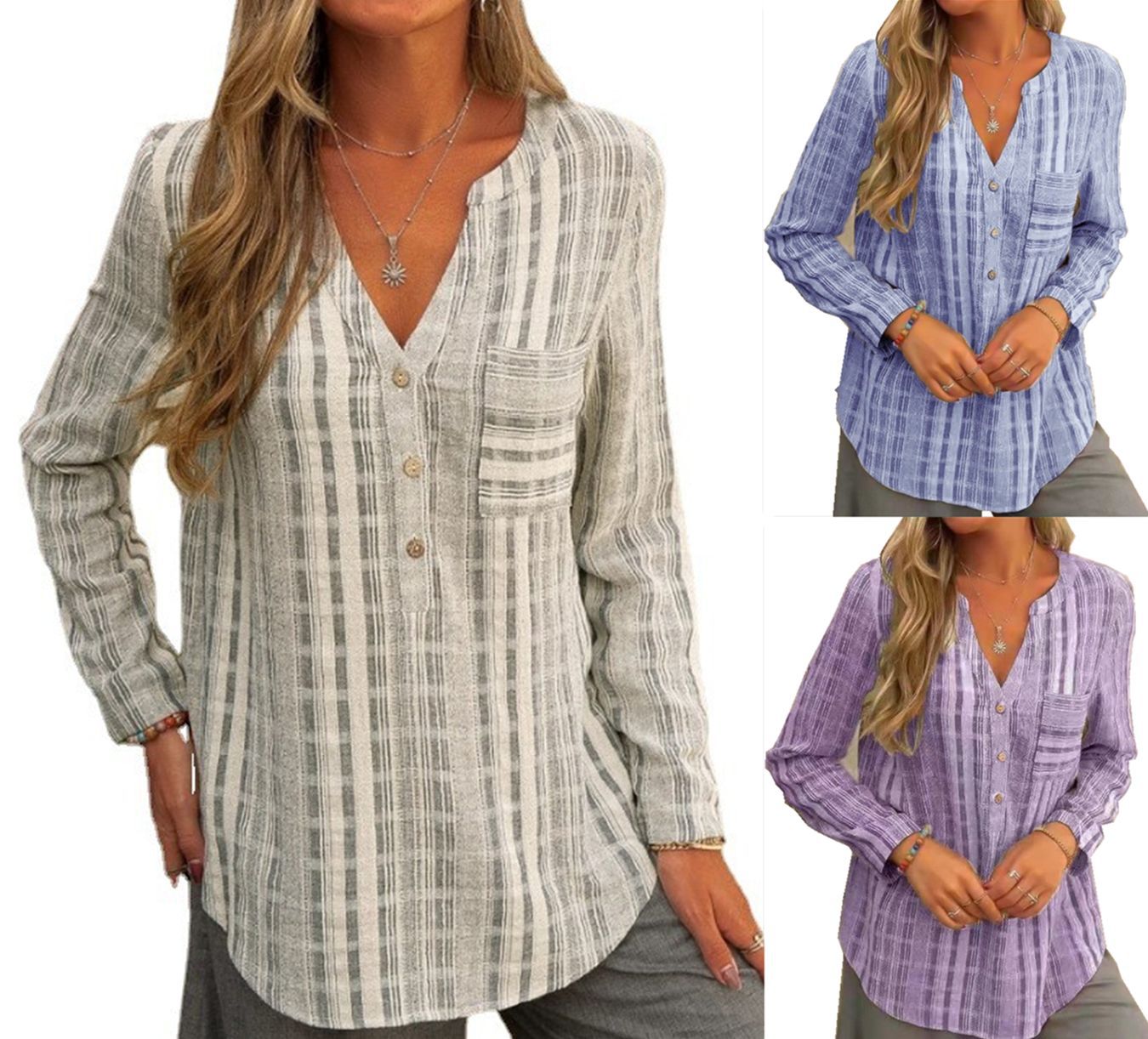 [W-Ropa] Jersey Con Bolsillo A Rayas, Camiseta Informal De Manga Larga Con Cuello En V A La Moda Para Mujer