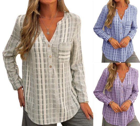 [W-Ropa] Jersey Con Bolsillo A Rayas, Camiseta Informal De Manga Larga Con Cuello En V A La Moda Para Mujer
