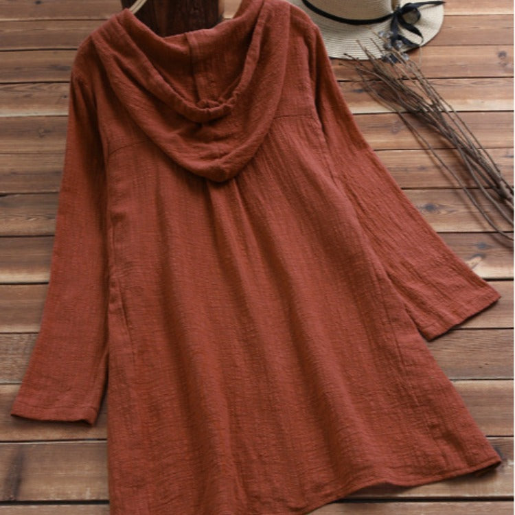 Abrigo Mediano De Algodón Y Lino Con Capucha, Manga Larga Y Talla Grande