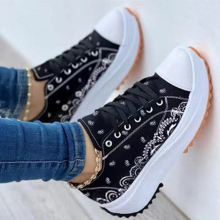 [W-Zapato] 2022 Primavera Nuevos Zapatos De Mujer Casuales De Plataforma De Lona Estampada De Suela Gruesa De Caña Baja