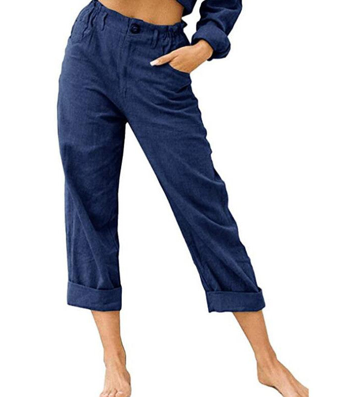 [W-Ropa] Nuevos Pantalones Casuales De Cintura Alta Sueltos De Moda De Lino Y Algodón De Color Sólido Para Mujer
