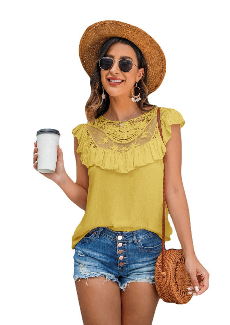 [W-Ropa] Nuevo Top De Camisa De Gasa Con Chaleco De Costura De Encaje Con Cuello Redondo Y Volantes